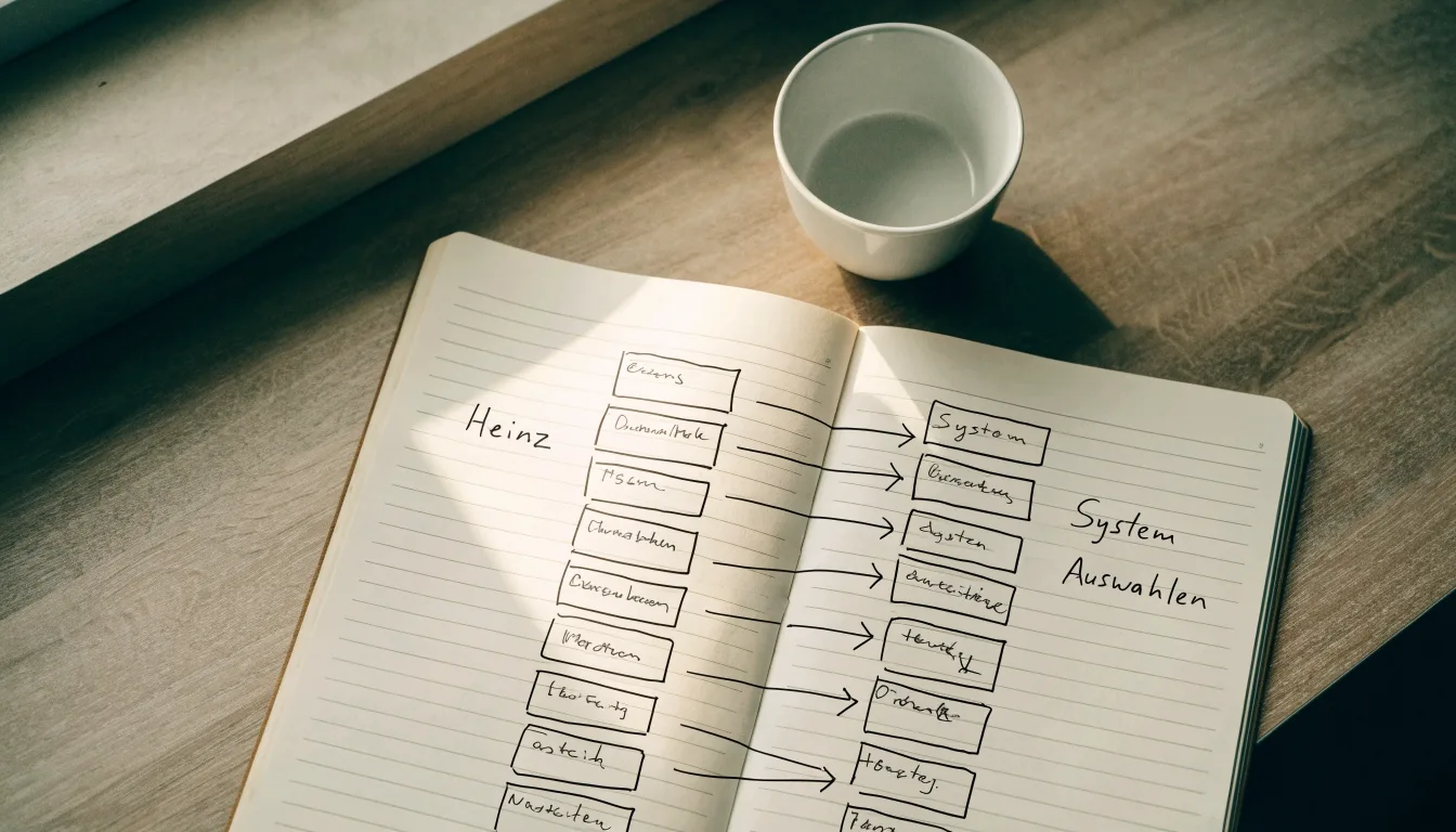 Ein aufgeschlagenes Notizbuch mit handschriftlichen Pfeilen und Kästchen liegt neben einer Kaffeetasse auf einem Schreibtisch am Fenster.