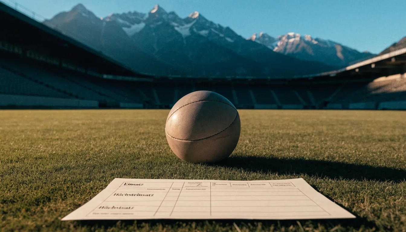 Ein Fussball liegt auf dem Rasen eines leeren Stadions am frühen Abend, dahinter erheben sich schneebedeckte Berge unter klarem Himmel.