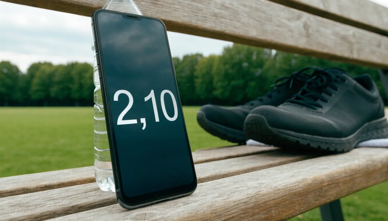 Ein Smartphone mit dunklem Bildschirm lehnt an einer Wasserflasche, daneben stehen Laufschuhe auf einer Bank am Sportplatz.