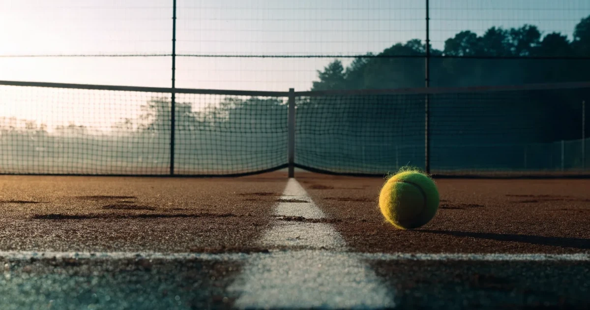 Ein Tennisplatz im ersten Morgenlicht, das Netz hängt leicht durch und auf der Grundlinie liegt ein einzelner Ball.