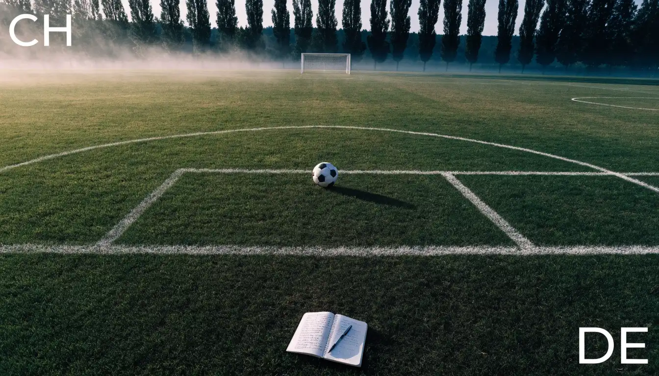 Ein leerer Fussballplatz mit weissen Linien von oben gesehen im Morgenlicht, am Rand stehen zwei Tore und eine Reihe Pappeln.