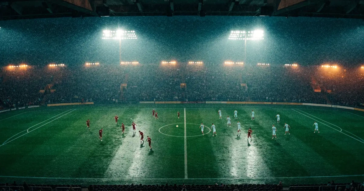 Ein Fussballspiel am Abend aus der Tribünenperspektive, die Spieler sind nur als kleine Figuren zu erkennen und das Flutlicht beleuchtet den nassen Rasen.