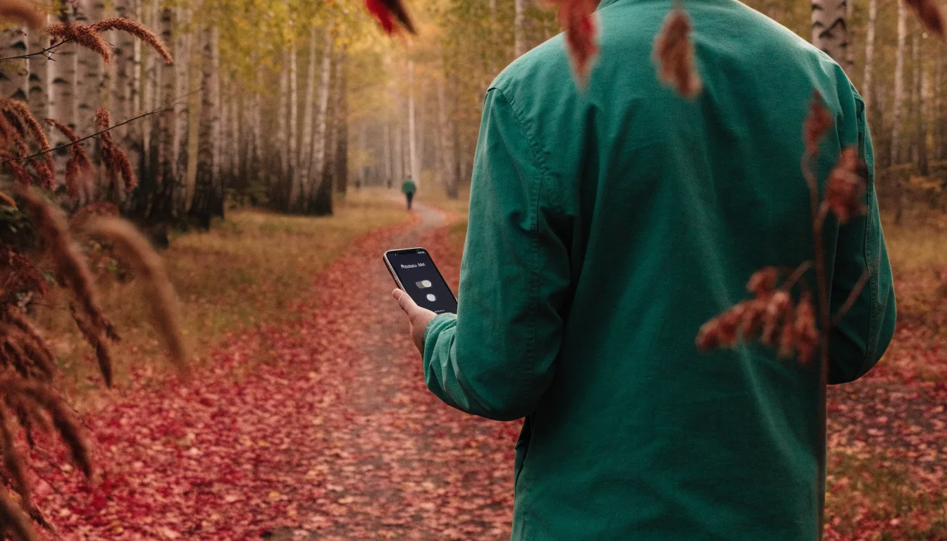 Ein Waldweg im Herbst mit buntem Laub, in der Ferne geht eine einzelne kleine Gestalt zwischen den Bäumen.
