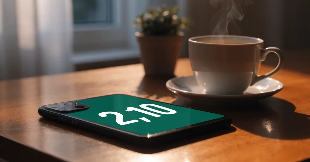 Ein Smartphone mit dunklem Display liegt auf einem Holztisch neben einer Kaffeetasse, durch das Fenster fällt warmes Abendlicht.