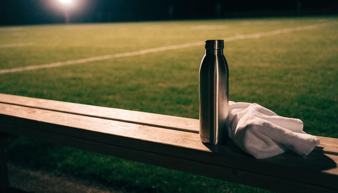 Eine Trinkflasche und ein Handtuch liegen auf einer Holzbank am leeren Spielfeldrand unter dem Licht der Flutlichter.