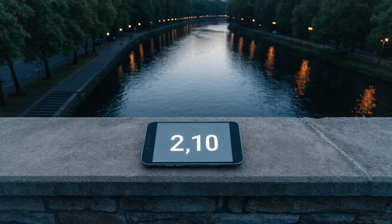 Eine Rheinpromenade mit hohen Bäumen am Abend, das Wasser spiegelt das Licht der ersten Laternen.