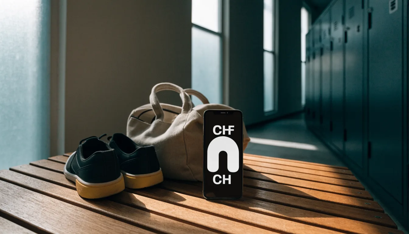 Ein Paar Hallenschuhe steht ordentlich neben einer Sporttasche auf einer Bank in einer leeren Garderobe, ein Fenster lässt Morgenlicht herein.