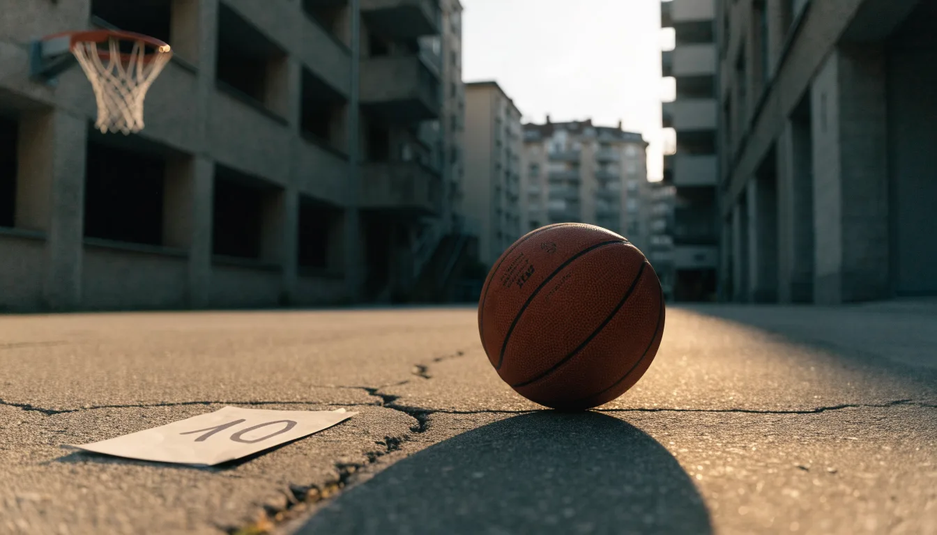 Ein Basketball liegt auf einem Asphaltplatz in einem Hinterhof zwischen Wohnblöcken, das Abendlicht färbt die Wände warm.