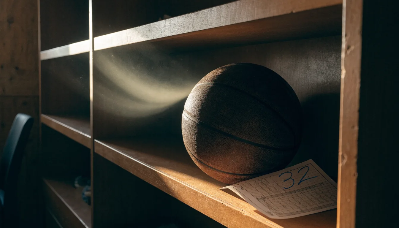 Ein abgenutzter Lederball liegt auf einem Holzregal in einem Vereinsraum, ein Sonnenstrahl macht den Staub sichtbar.