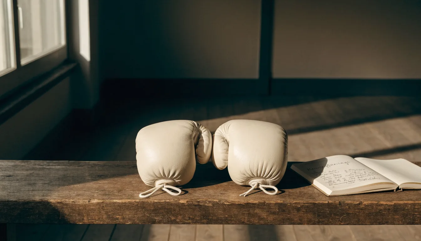 Ein Paar Boxhandschuhe aus Leder liegt auf einer Holzbank neben einem Notizbuch mit handgeschriebenen Zeilen, warmes Fensterlicht