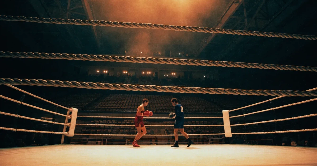 Ein leerer Boxring mit gespannten Seilen unter hellem Hallenlicht, dahinter ansteigende Zuschauerränge in einer grossen dunklen Halle