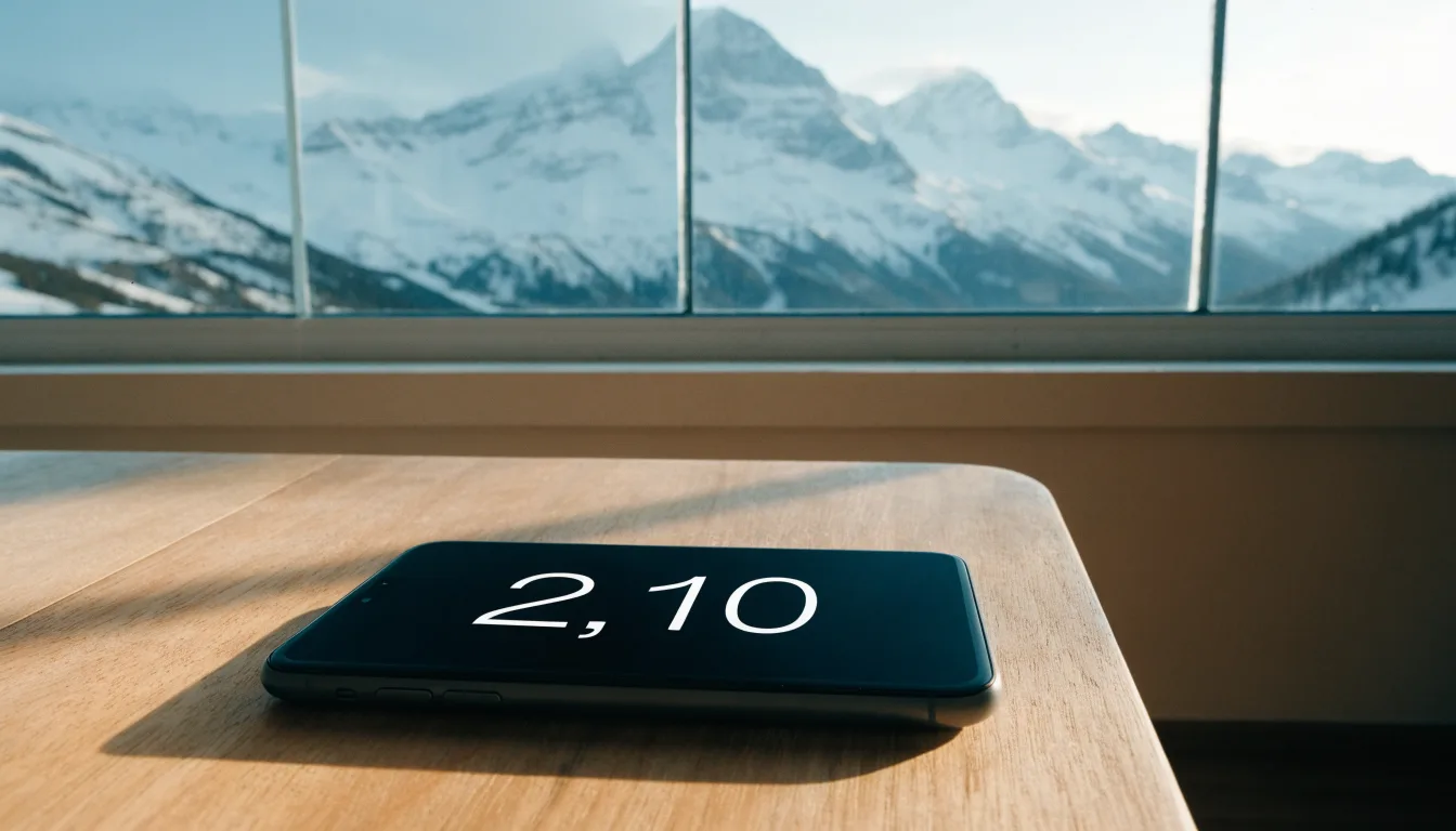 Ein Smartphone mit dunklem Bildschirm liegt auf einem Holztisch vor einem Fenster mit Blick auf schneebedeckte Gipfel