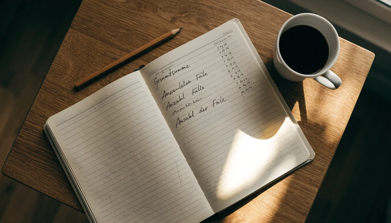 Ein aufgeschlagenes Notizbuch mit handgeschriebenen Spalten und ein Bleistift neben einer Tasse Kaffee auf einem Holztisch am Morgen