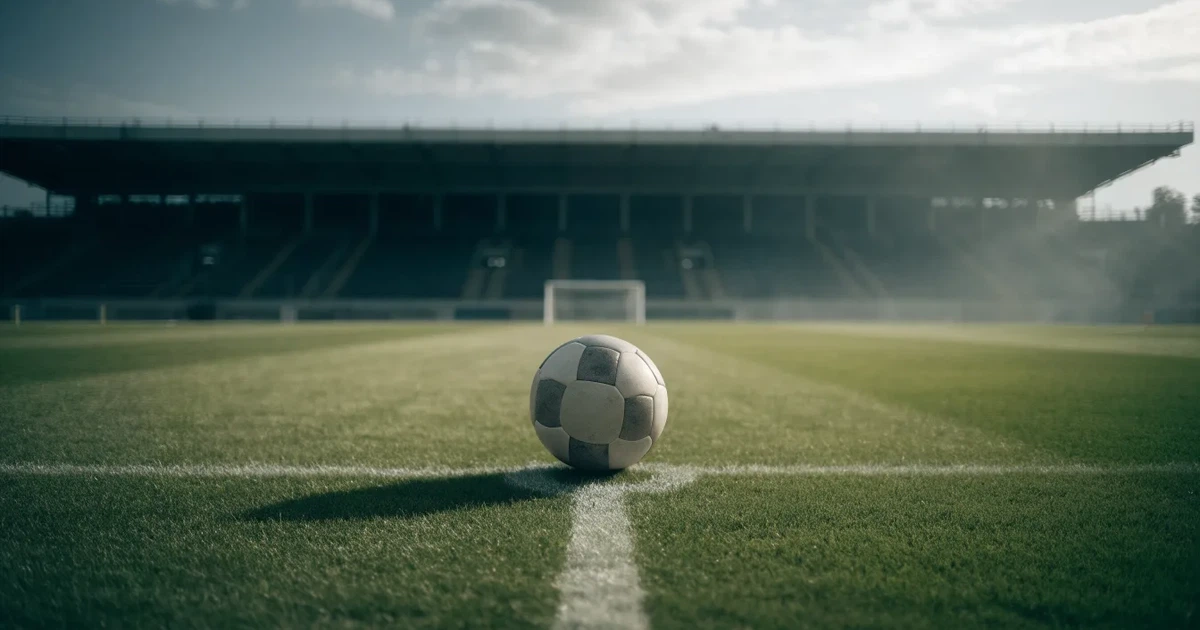 Ein Fussball liegt auf dem Anstosspunkt eines frisch gemähten Rasens, dahinter eine grosse Tribüne unter bewölktem Himmel