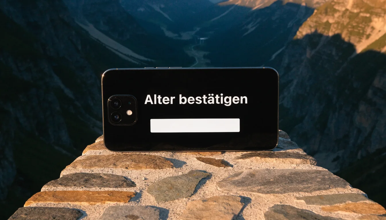 Ein Smartphone mit dunklem Display liegt auf einer Steinmauer, dahinter ein Alpental im Abendlicht