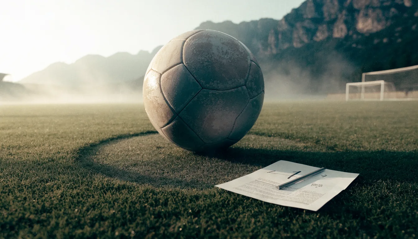 Ein einzelner Fussball auf dem Mittelpunkt eines leeren Rasens im Morgennebel, hinter dem Tor ragen Berge auf