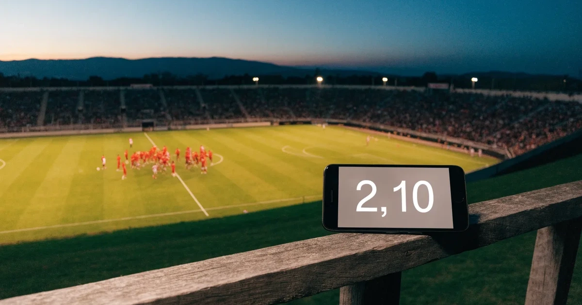 Ein Fussballstadion bei Flutlicht von einer Anhöhe aus gesehen, der Rasen leuchtet grün unter dunklem Abendhimmel