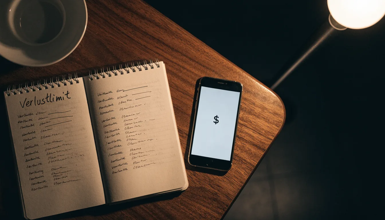 Ein Notizbuch mit handschriftlichen Einträgen und eine Tasse Tee stehen auf einem Tisch neben einer Stehlampe