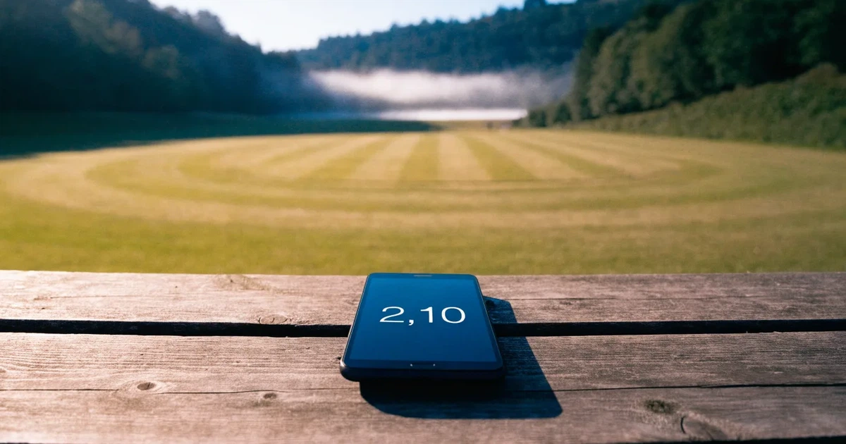 Ein ovales Cricketfeld mit gemähtem Rasen und hellem Mittelstreifen am frühen Morgen, Nebel zwischen den Bäumen am Rand