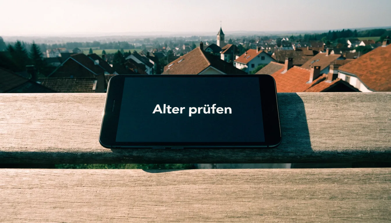 Ein Smartphone mit dunklem Display liegt auf einer Parkbank, dahinter ein Schweizer Dorf mit Kirchturm im Dunst