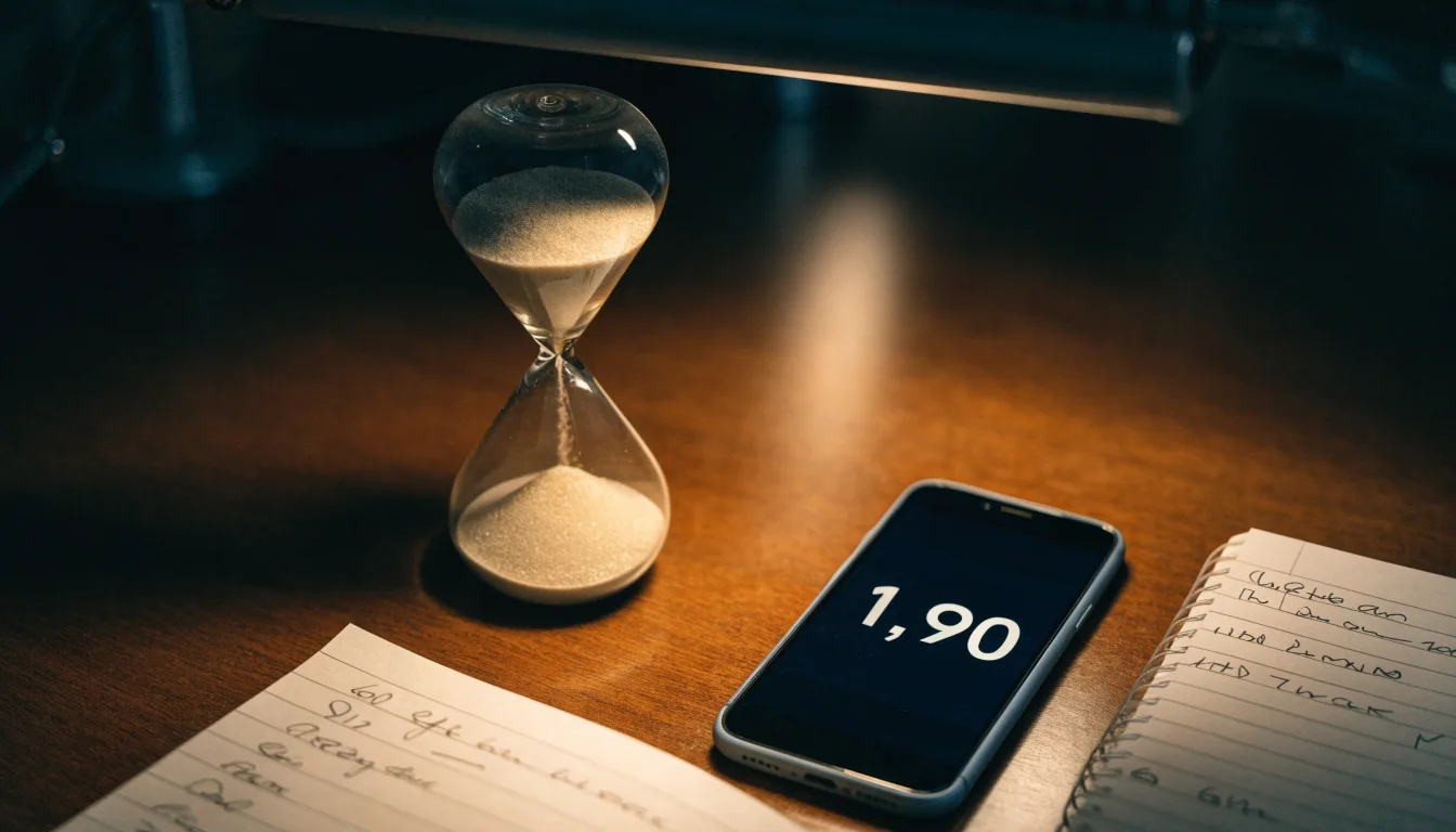 Eine Sanduhr steht auf einem Schreibtisch neben einem Notizbuch mit handschriftlichen Einträgen im Licht einer Lampe