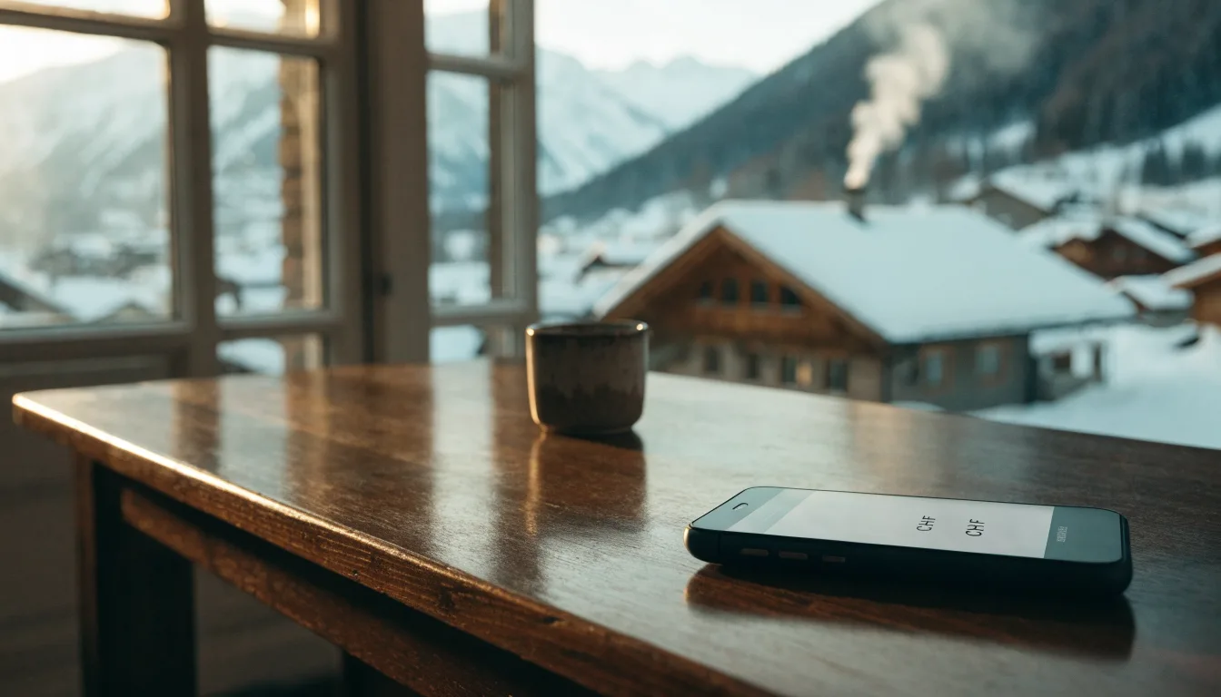 Ein Bergdorf im Schnee am Morgen aus der Ferne gesehen, aus einem Kamin steigt Rauch auf