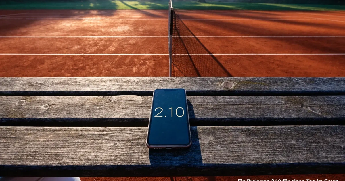 Ein Tennisplatz aus Sand bei Sonnenaufgang mit gespanntem Netz, Nebel zwischen den Bäumen am Rand