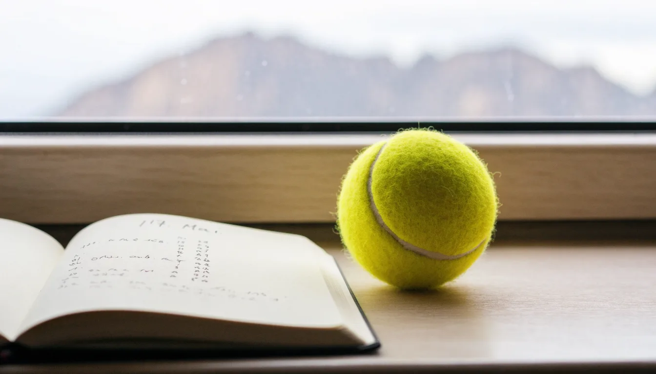 Ein einzelner gelber Tennisball liegt auf einem Holztisch vor einem Fenster mit Alpenblick