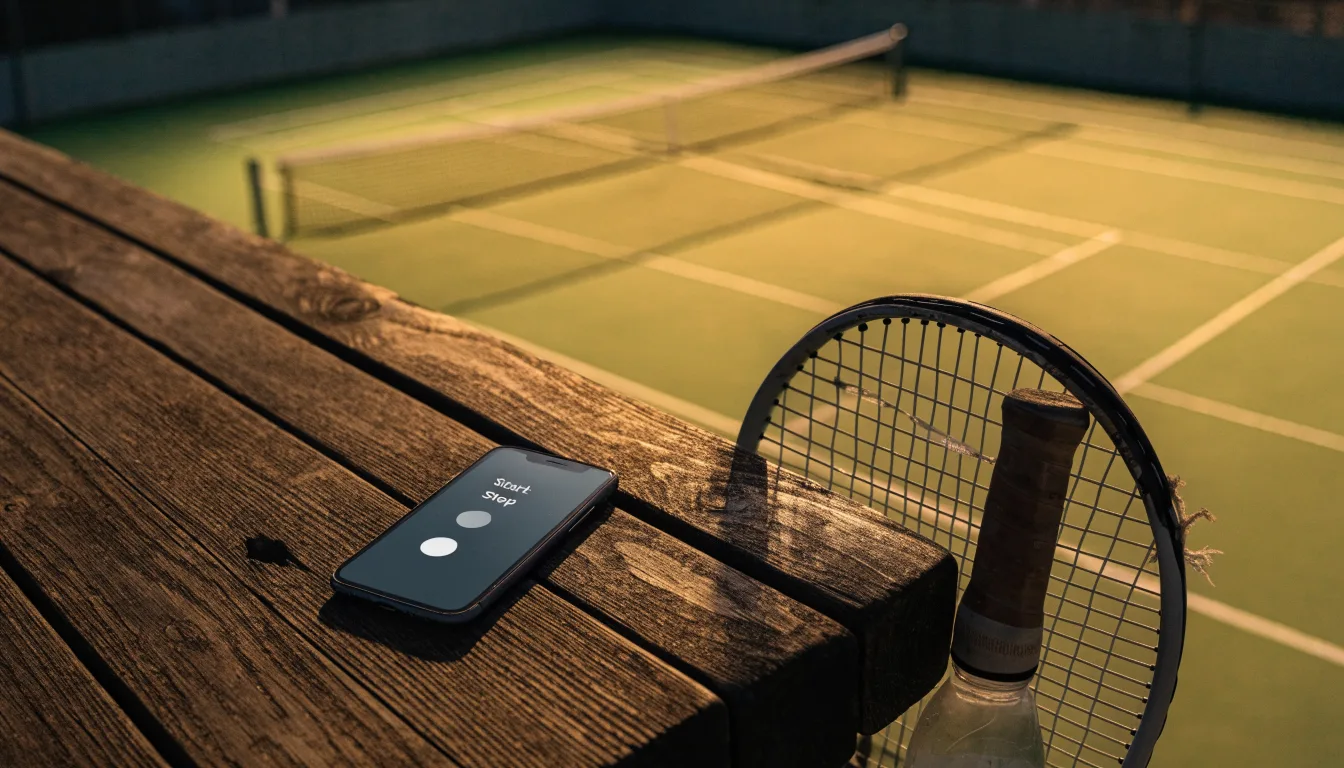 Ein Tennisschläger lehnt an einer Bank neben einer Wasserflasche, am Abend ruht der Platz im Flutlicht, aus der Ferne gesehen