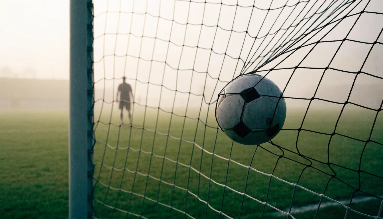 Ein Fussball liegt im Netz hinter einem Tor, weicher Morgennebel hängt über dem Rasen