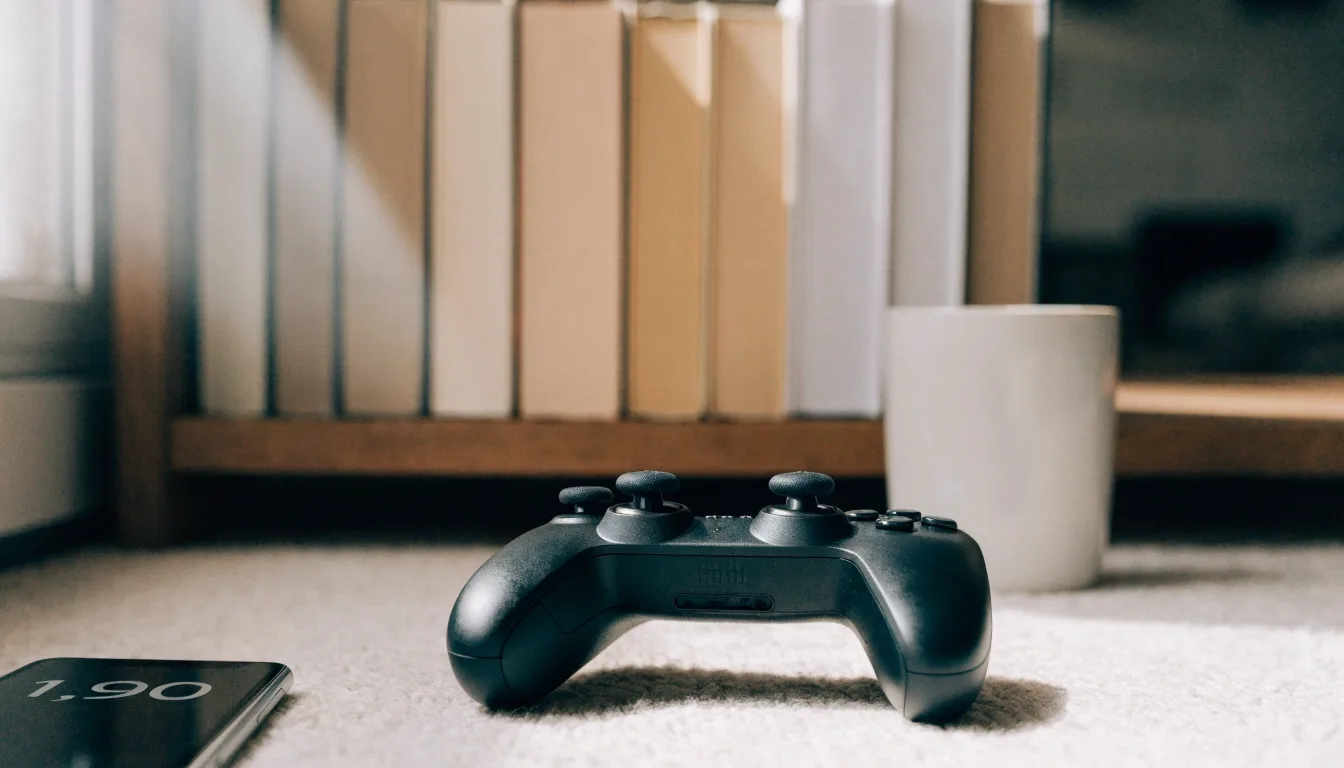 Ein Spielcontroller liegt auf einem Teppich neben einer Tasse, im Hintergrund ein Regal mit Büchern