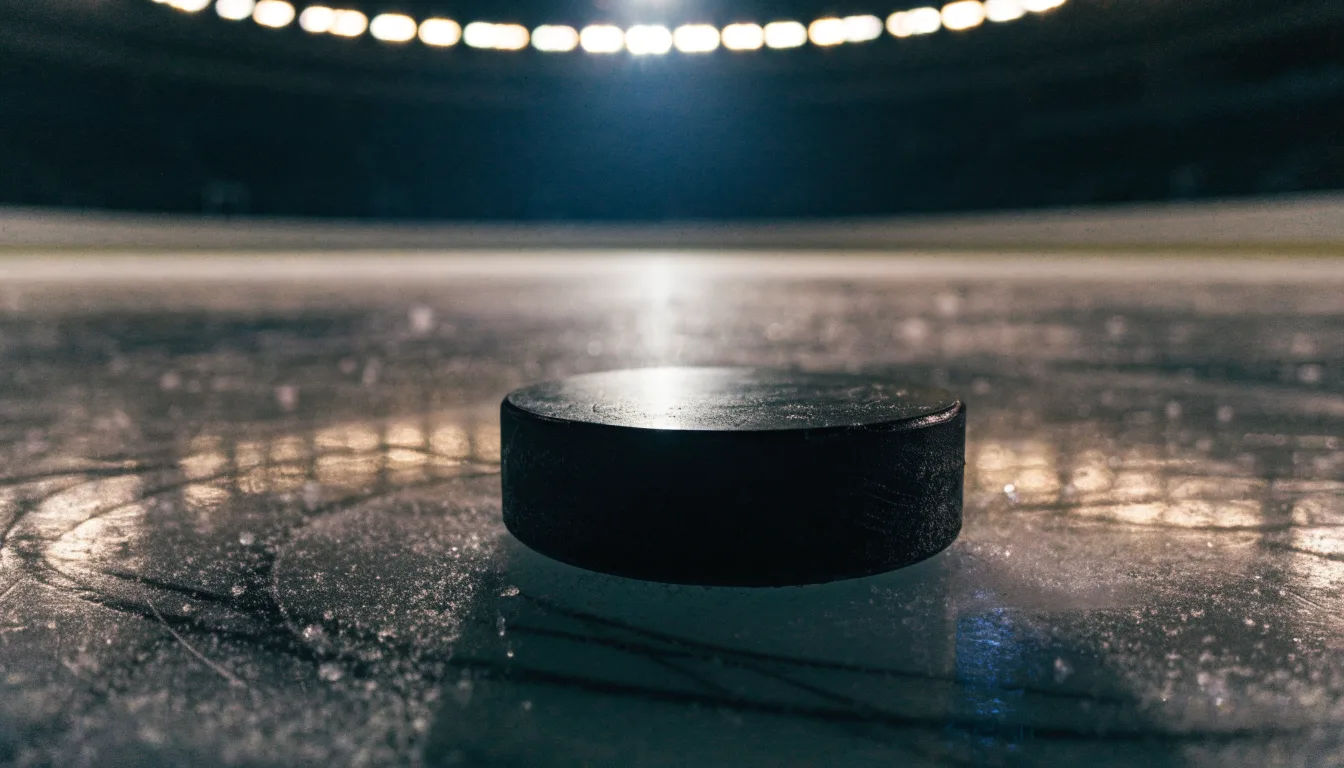 Ein Eishockeypuck liegt auf einer Eisfläche mit Kratzspuren, Nahaufnahme mit kühlen Reflexen