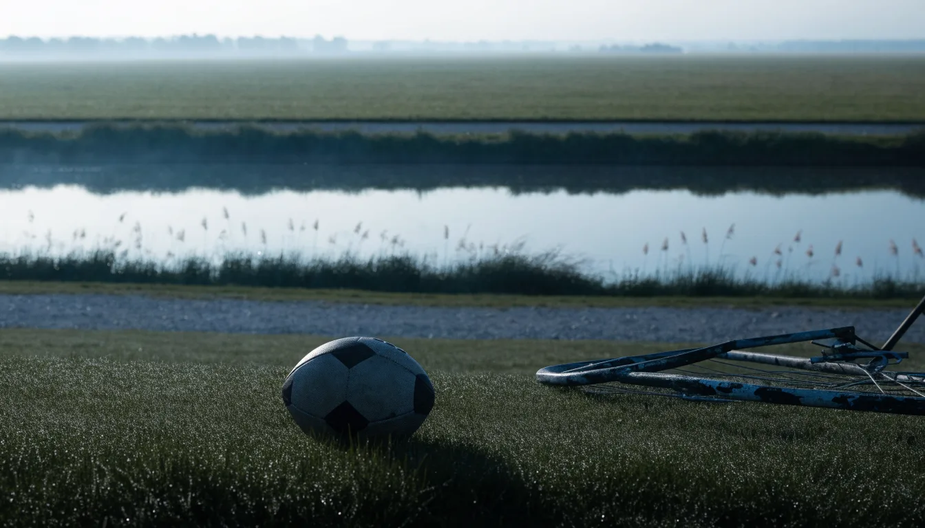 Ein Fussball liegt auf einer Wiese neben einem Fahrrad, im Hintergrund ein Kanal im Morgenlicht