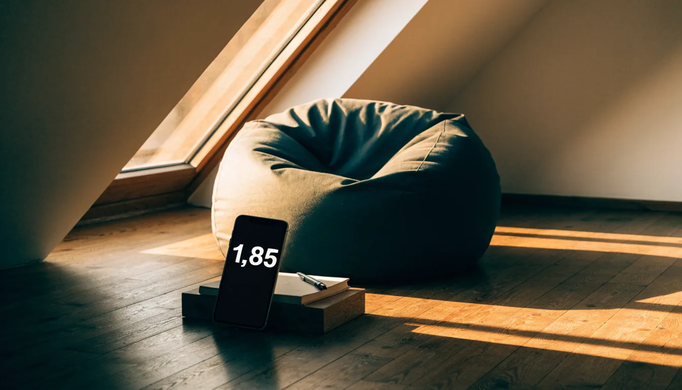 Ein leerer Sitzsack steht in einem Zimmer mit Dachfenster, Abendlicht fällt auf den Holzboden