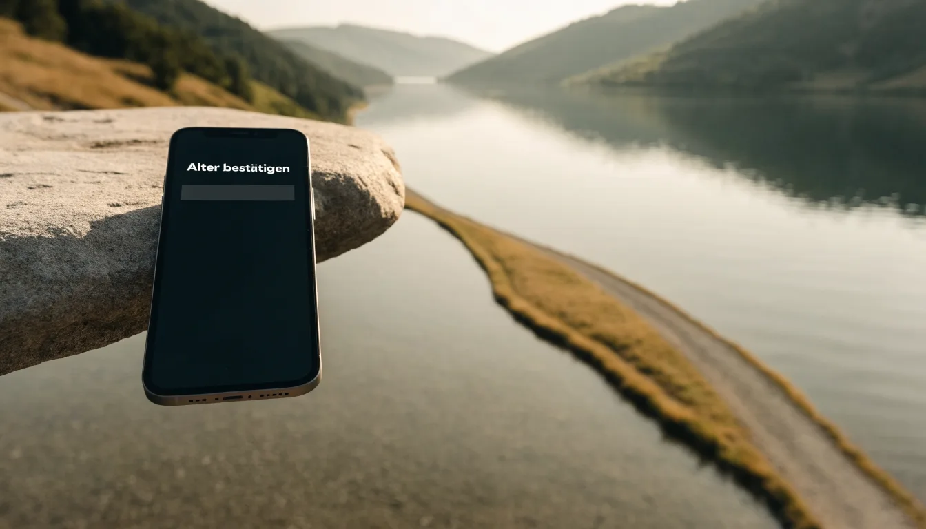 Ein schmaler Wanderweg führt am Seeufer entlang, auf einem Stein liegt ein Smartphone mit dunklem Display