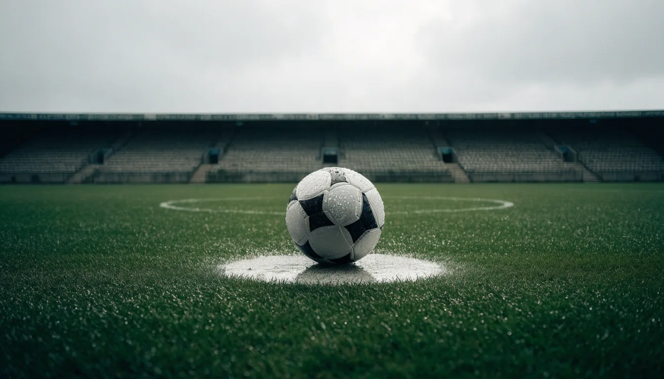 Ein Fussball liegt auf dem Anstosspunkt eines nassen Rasens, dahinter eine leere Tribüne unter grauem Himmel.