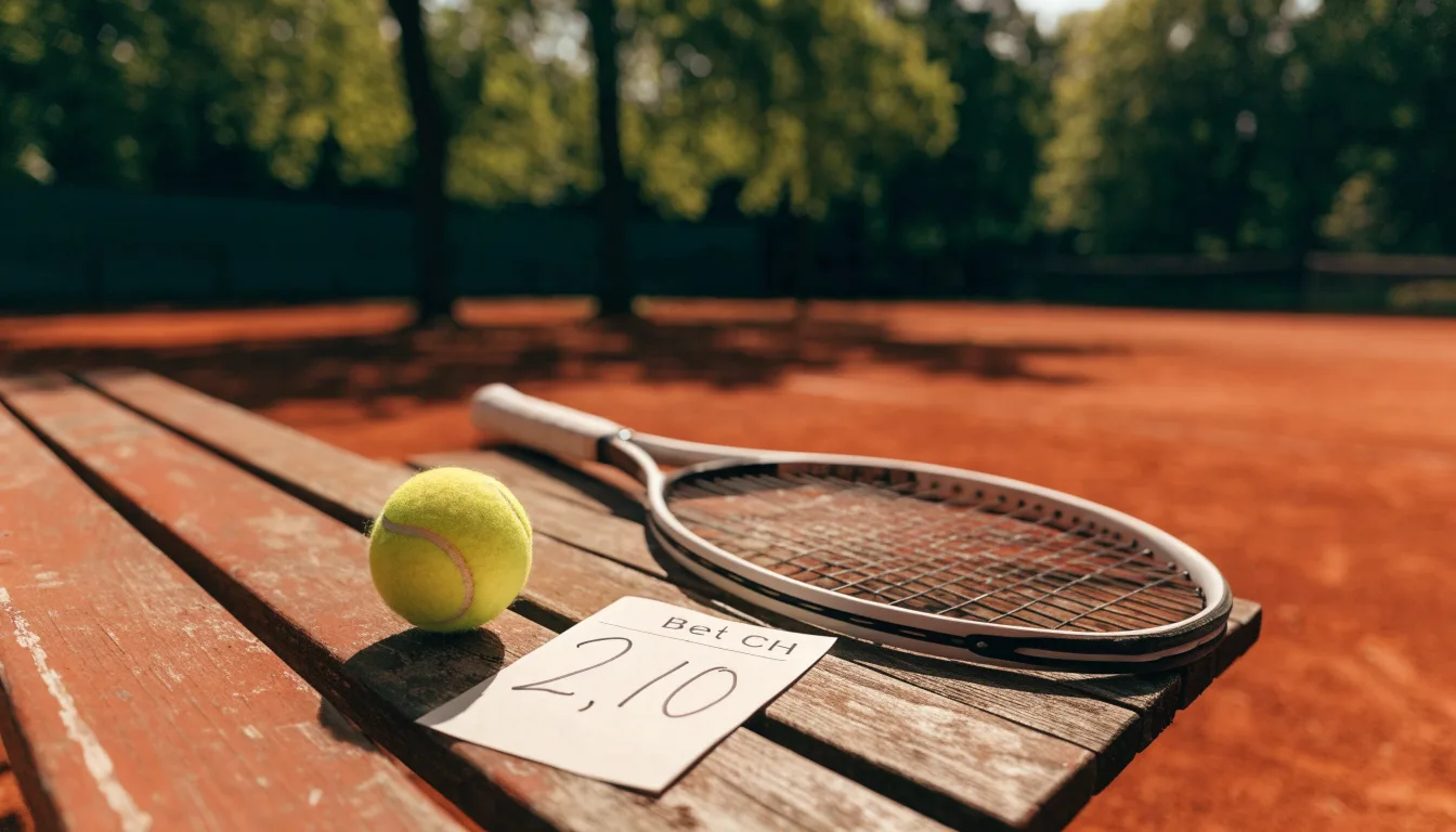 Ein Tennisball und ein Schläger ruhen auf einer Holzbank am Spielfeldrand, im Hintergrund hohe Bäume im Sommerlicht.