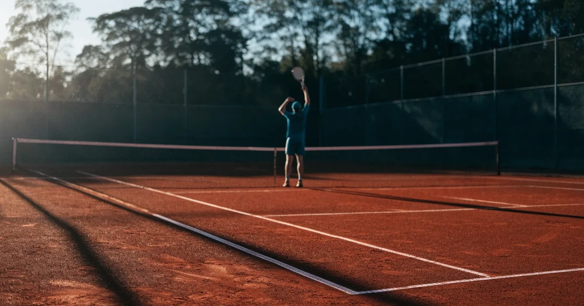 Ein Tennisplatz aus rotem Sand liegt im ersten Licht des Morgens, das Netz hängt still und die Linien sind frisch gezogen.