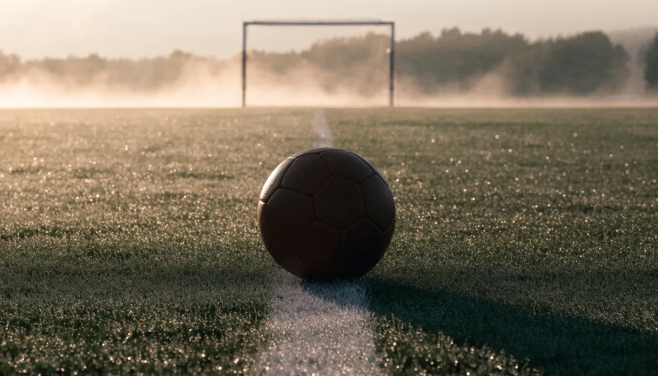 Ein Fussball liegt im Tau auf der Mittellinie eines Dorfplatzes bei Sonnenaufgang, der Rasen glitzert.