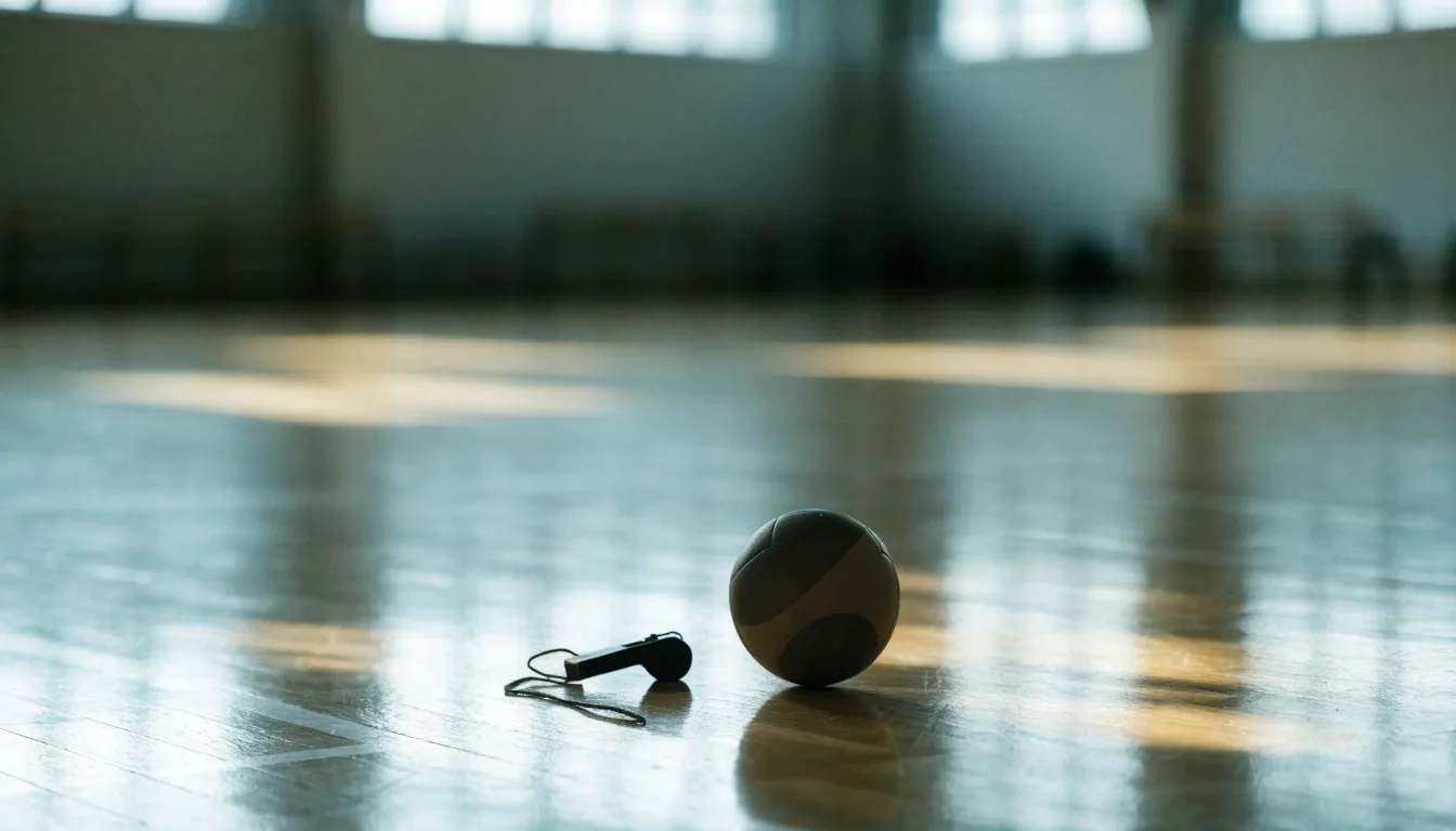 Ein kleiner, schwerer Ball liegt auf glattem Hallenparkett neben einer Trillerpfeife an einer Schnur.