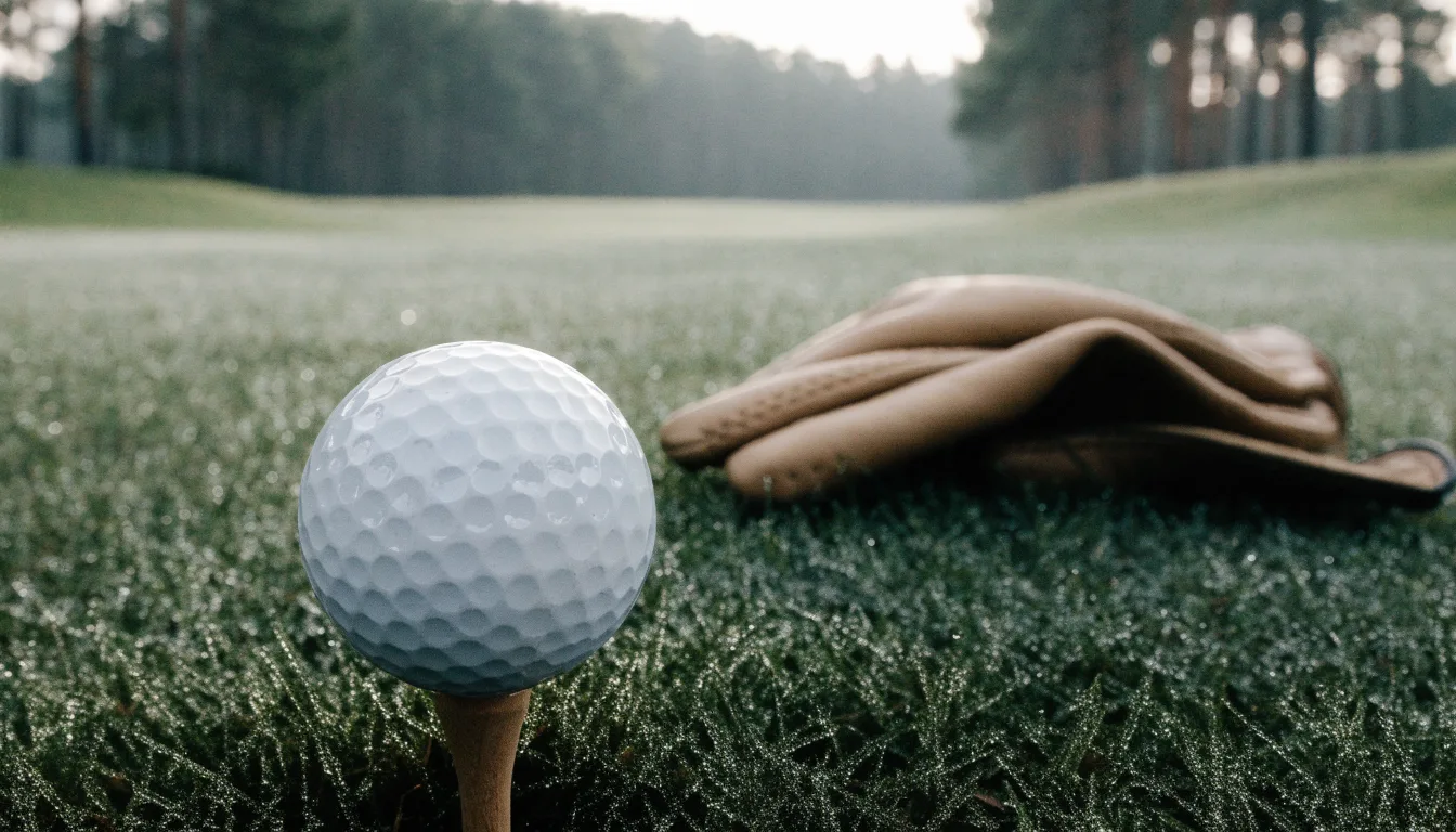 Ein Golfball liegt auf einem Holztee im Gras, scharf im Vordergrund, dahinter verschwimmt eine weite Wiese.