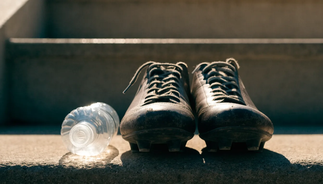 Ein Paar abgetragene Fussballschuhe steht neben einer Wasserflasche auf einer Treppenstufe im Sonnenlicht.