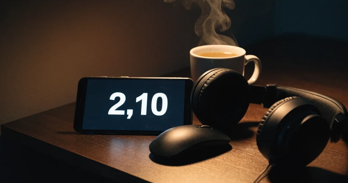 Ein Headset und eine Computermaus liegen auf einem dunklen Schreibtisch, daneben ein Becher mit dampfendem Tee.