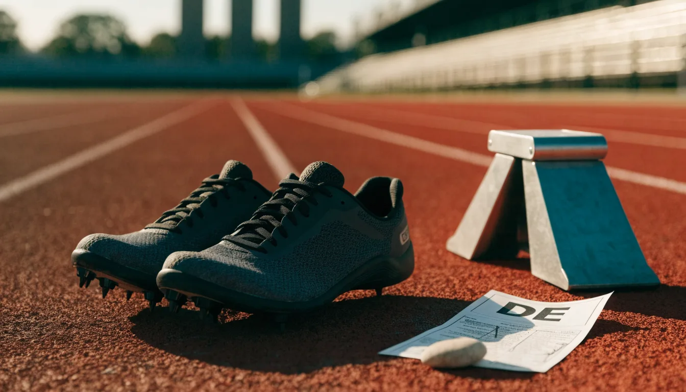 Ein Paar Laufschuhe mit Spikes liegt auf einer Tartanbahn neben einem Startblock, die Linien verlaufen in die Ferne.