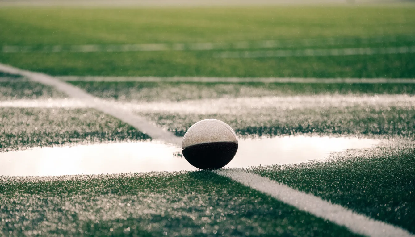 Ein Fussball liegt auf nassem Kunstrasen neben einer weissen Linie, Pfützen spiegeln den Himmel.