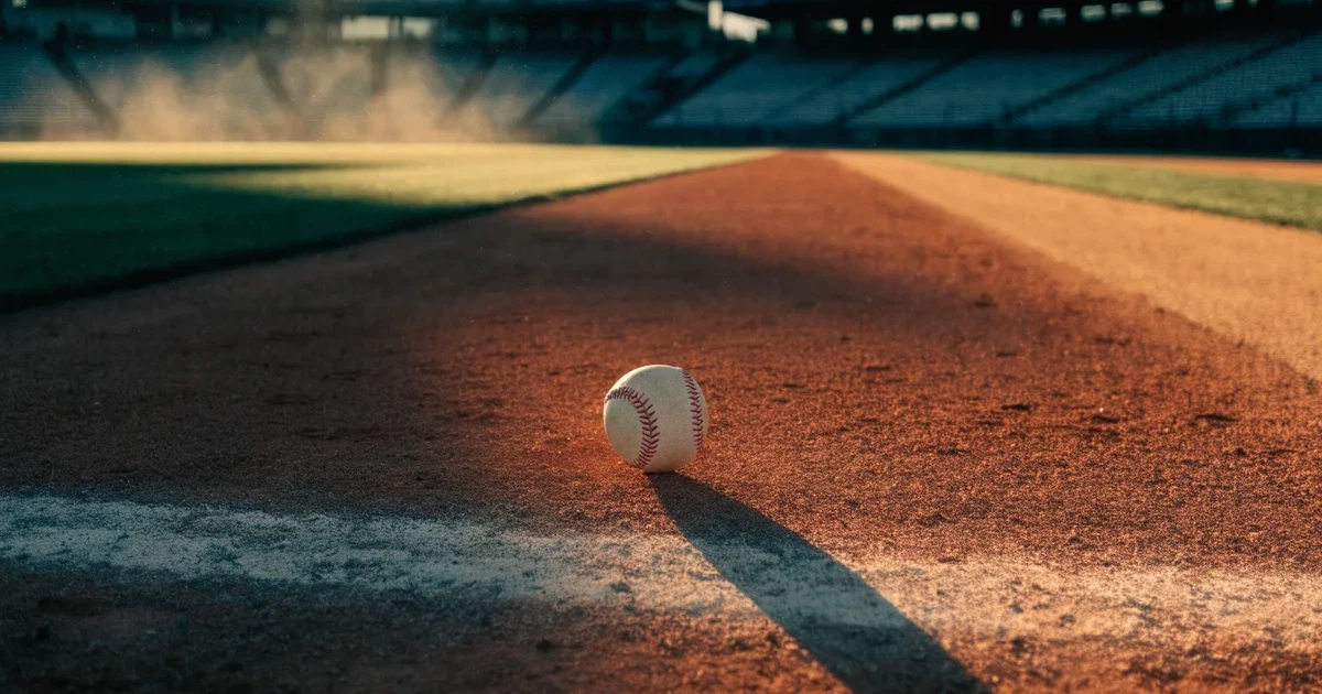 Ein weisser Baseball liegt auf rotbraunem Sand neben der Grundlinie eines leeren Stadions im warmen Abendlicht, die Ränge sind verlassen.
