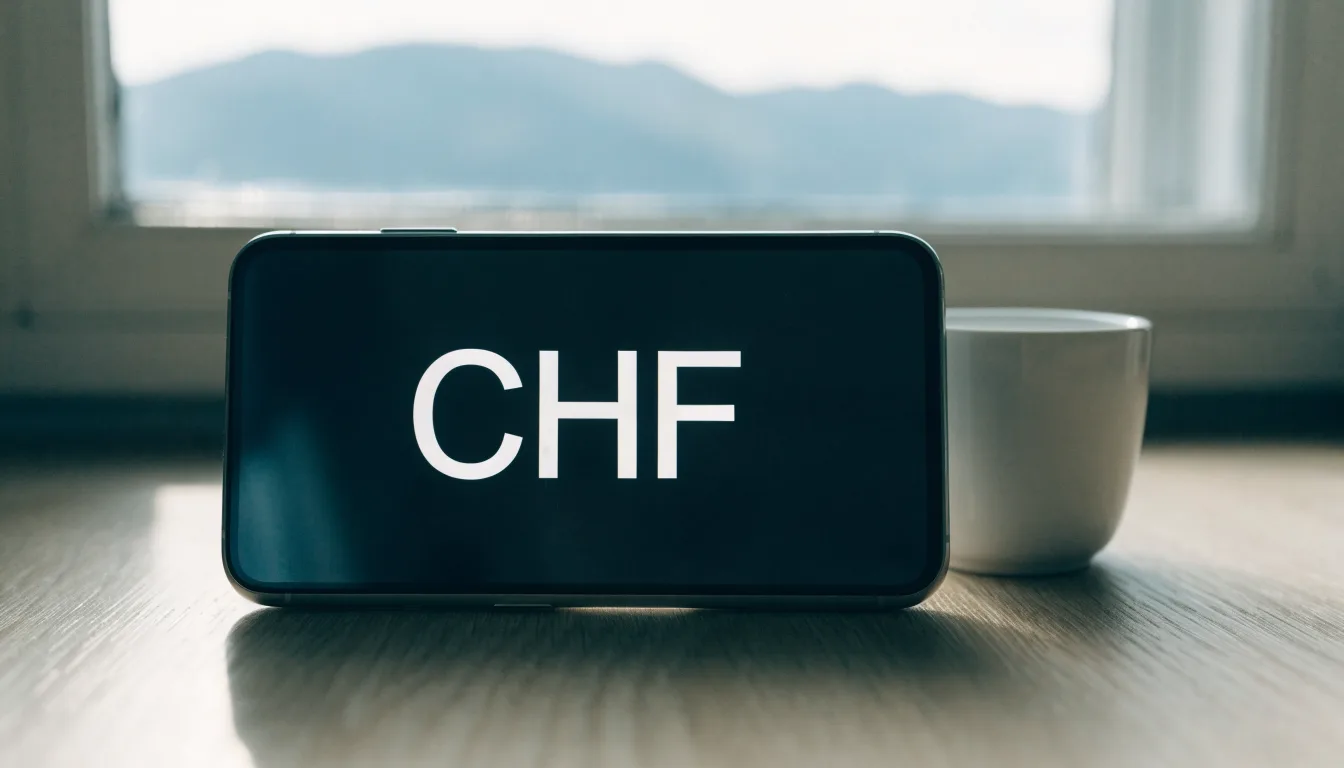 Ein Smartphone mit dunklem Bildschirm liegt auf einem hellen Schreibtisch neben einer Tasse, durch das Fenster dahinter sieht man eine Bergkette.
