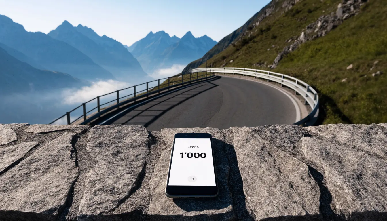 Eine Passstrasse in den Alpen mit enger Kurve und Leitplanke, darüber ein klarer Morgenhimmel und einzelne Nebelschwaden im Tal.