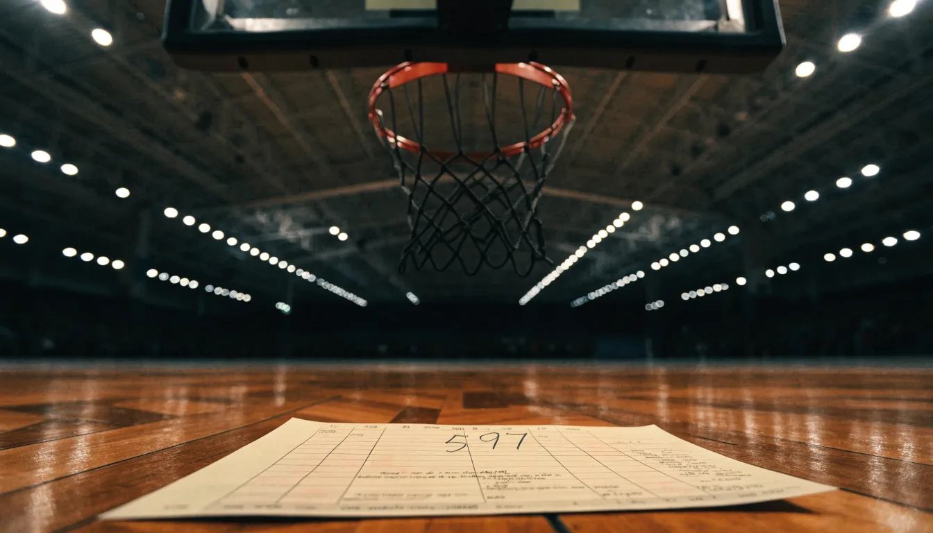 Ein Basketballkorb von unten gesehen, darüber eine Hallendecke mit Scheinwerfern und Stahlträgern.
