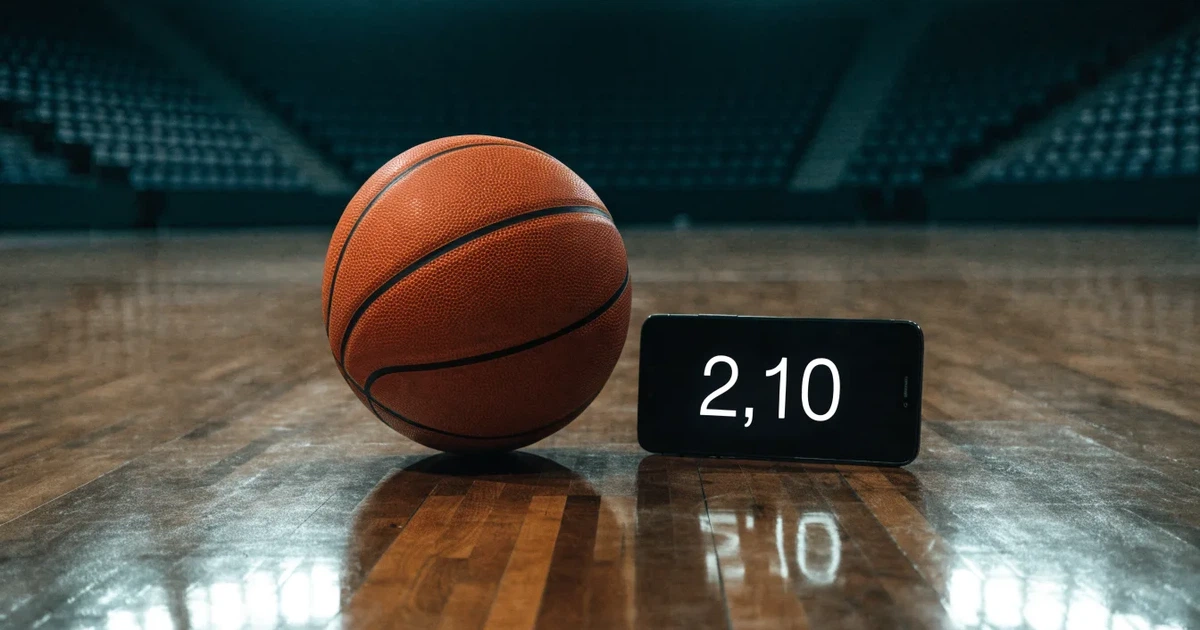 Ein orangefarbener Basketball liegt auf dem Parkett einer leeren Halle unter hellem Flutlicht, die Tribünen sind dunkel.